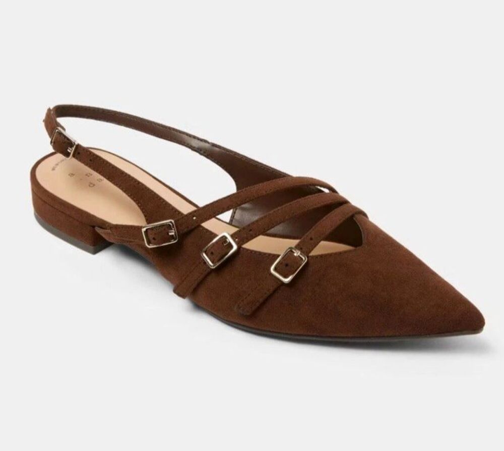 Women Twiggy Multi Buckle Mini Heel Brown Flats with Memory Foam Insole Sz 8 New